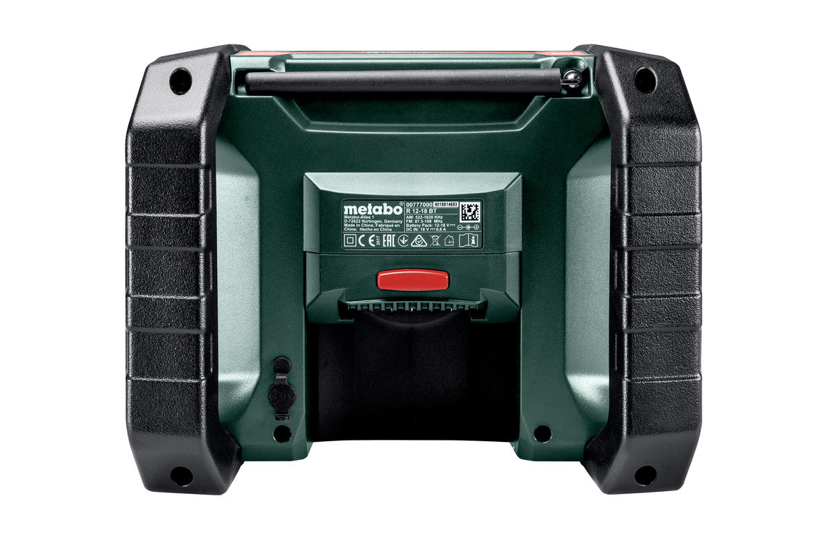 Metabo R 12-18 DAB+ BT (600778380) Cordless Worksite Radio pictured from the back with no battery inserted. On a white background.