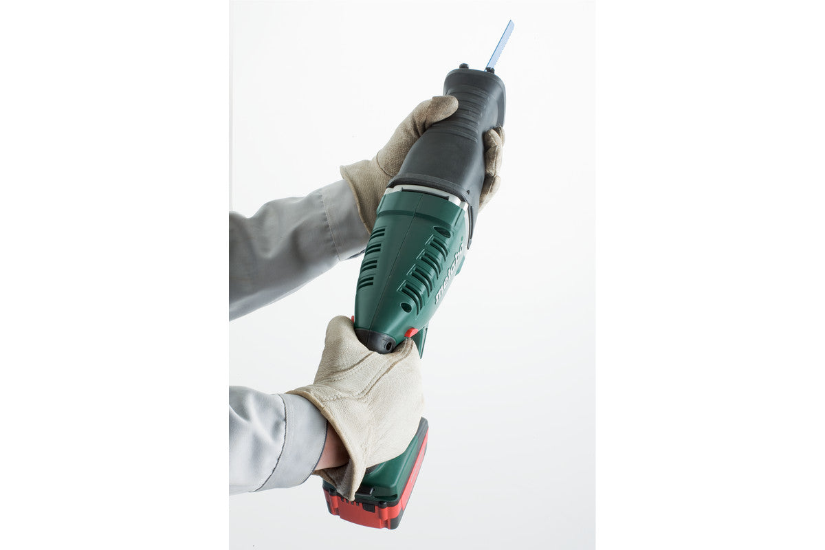 Metabo ASE 18 LTX Cordless Sabre Saw 18V shown being held by two gloved hands. On a white background.