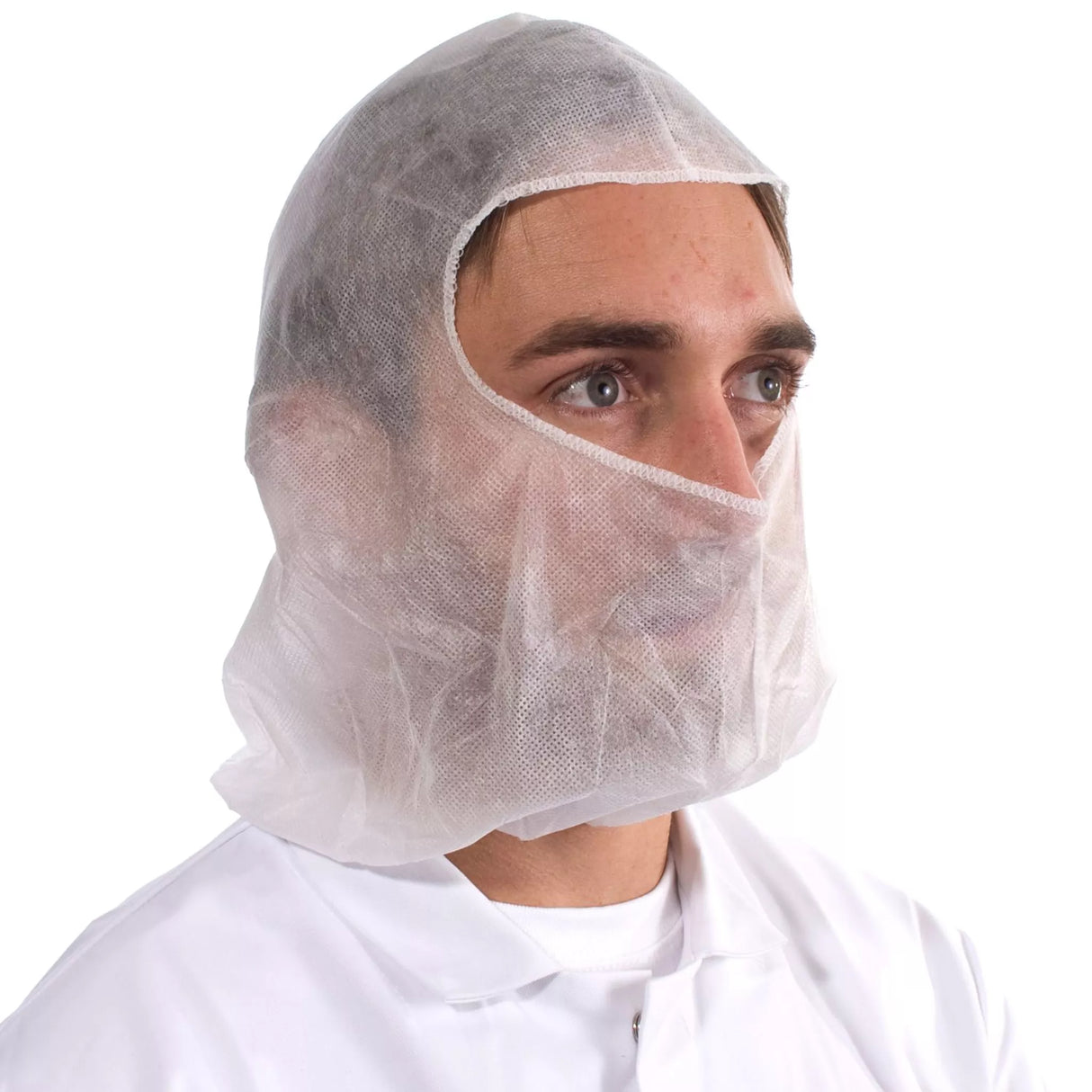 Person wearing a white hairnet on a white background