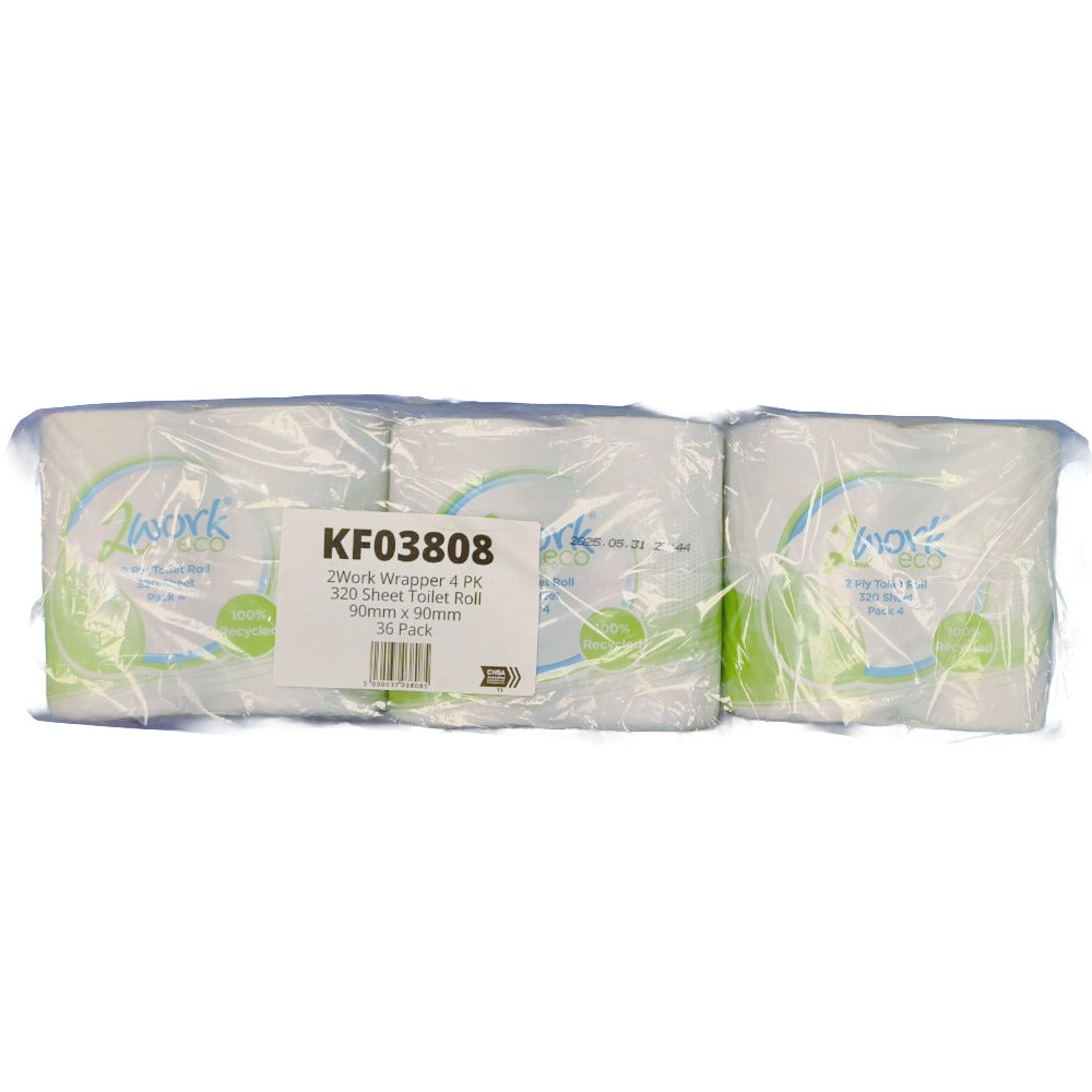 pack of 2Work White 2 Ply Toilet Rolls in a clear plastic wrap on a white background