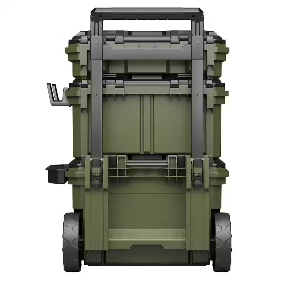 Green Bunker load-up rolling toolbox with wheels and a handle on a white background