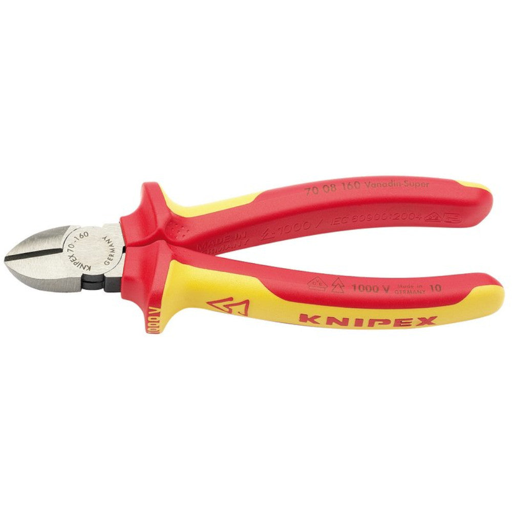 VDE fully insulated diagonal side cutters, 160mm, by Knipex (model 70 08 160 UKSBE), ideal for electrical work, displayed on a white background.