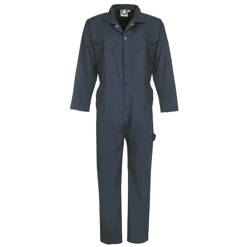 A green blue coverall with a zip front, long sleeves, and a collar.