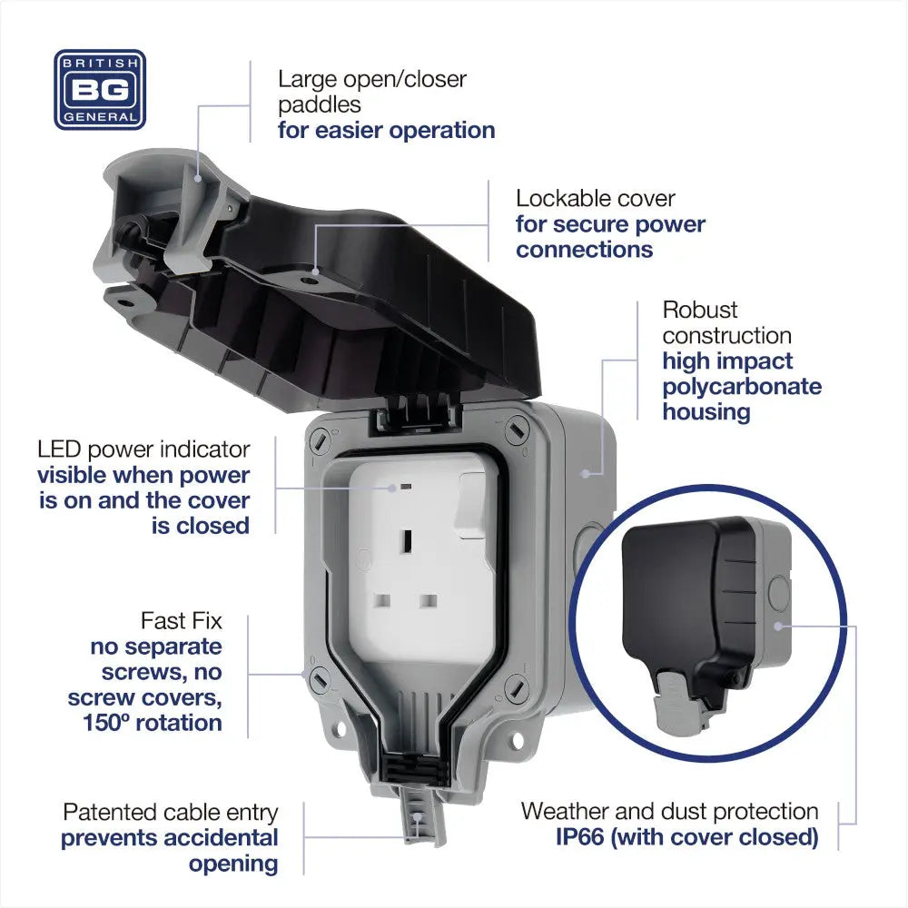 BG Electrical WP21 Single Gang Switched 13A Weatherproof Outdoor Socket IP66 Rated Electro South West Ltd