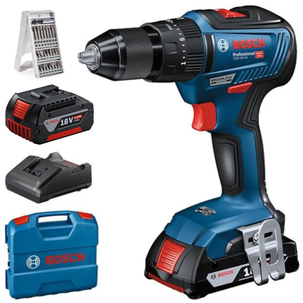 Bosch GSB 18 V-55 18V Professional Combi Drill 1 x 2.0ah Li-Ion Battery 1 x 4.0ah Li-Ion Battery & Bit Set Bosch