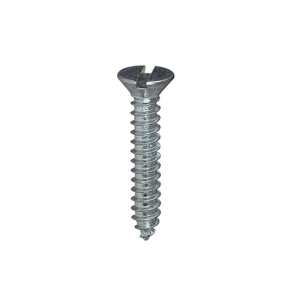 Metal self tapping screw with a countersunk head and a slot drive in bzp, on a white background.