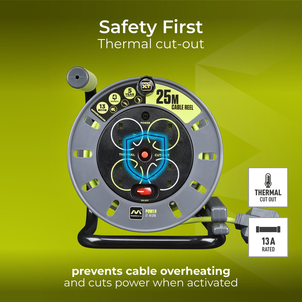 Masterplug Pro-XT 2 Socket, 2 USB A 13A Open Cable Reel 240V