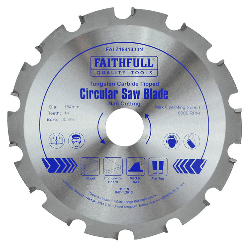 Faithfull Nail Cutting Circular Saw Blade TCT 184mm with 14 Teeth