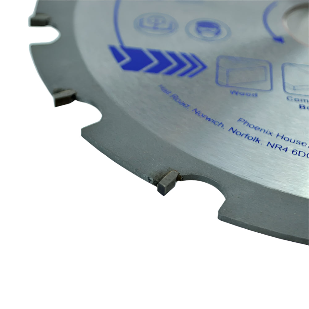 Faithfull FAIA1841430N Circular saw blade close up showing the teeth which can be used for cutting nails in the wood.