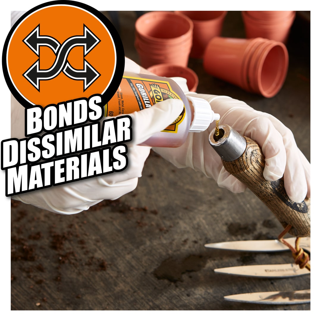 Gorilla glue being used to repair a garden fork. Showing its ability to bond dissimilar materials.