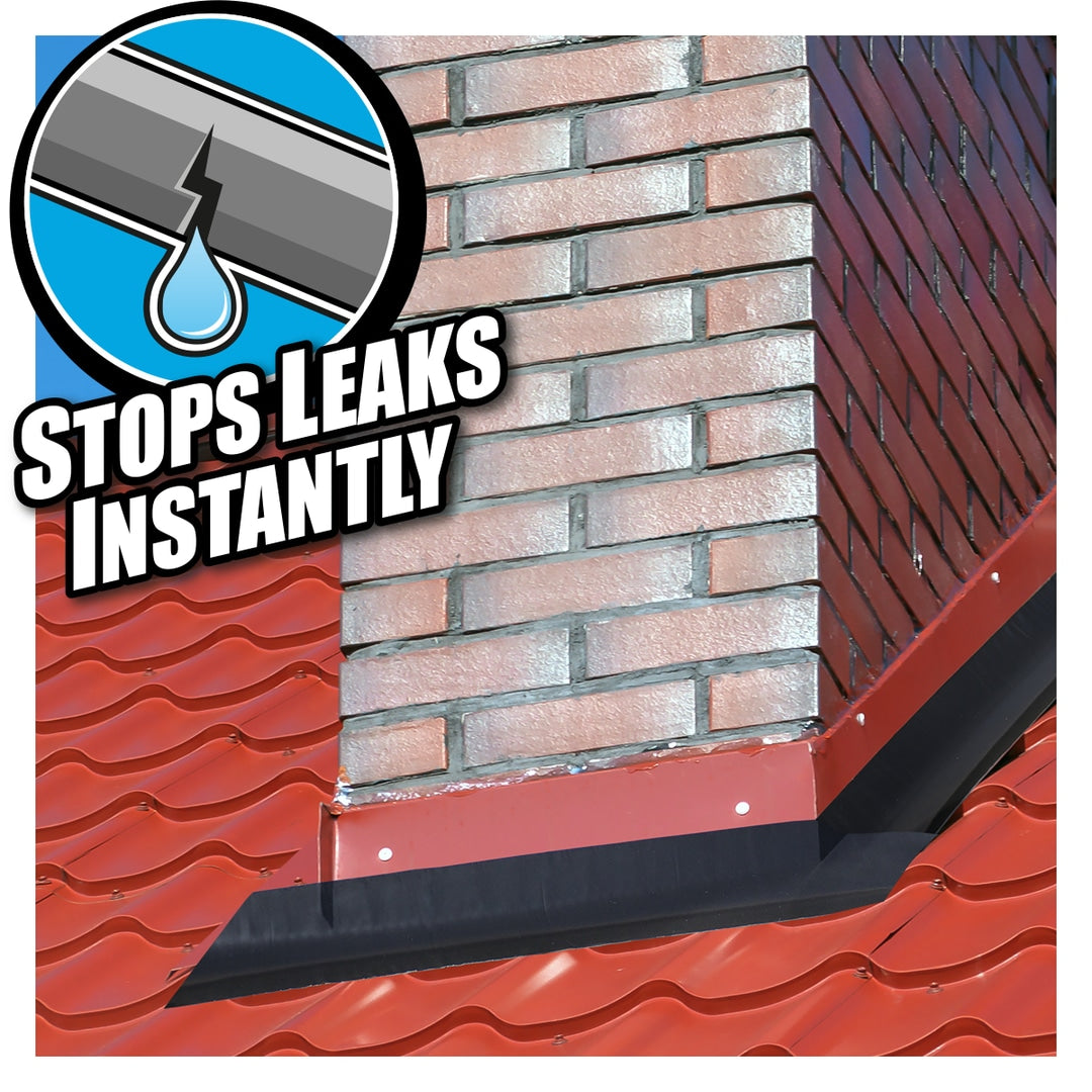 Gorilla patch and seal tape shown applied to a roof with text 'Stops Leaks Instantly' applied to a roof edge.