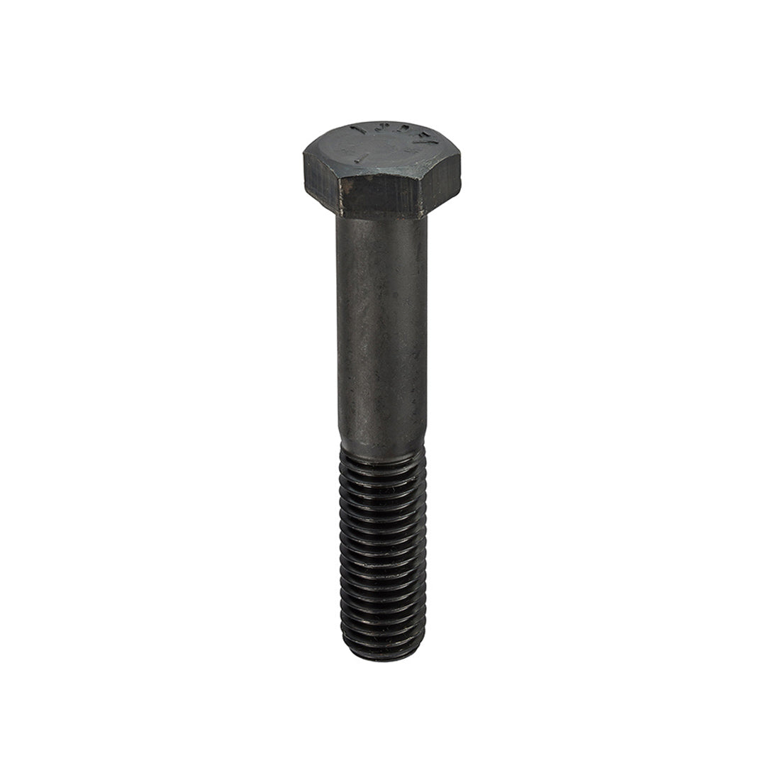 A single black hex head threaded bolt with a UNC thread shown vertically against a plain white background.