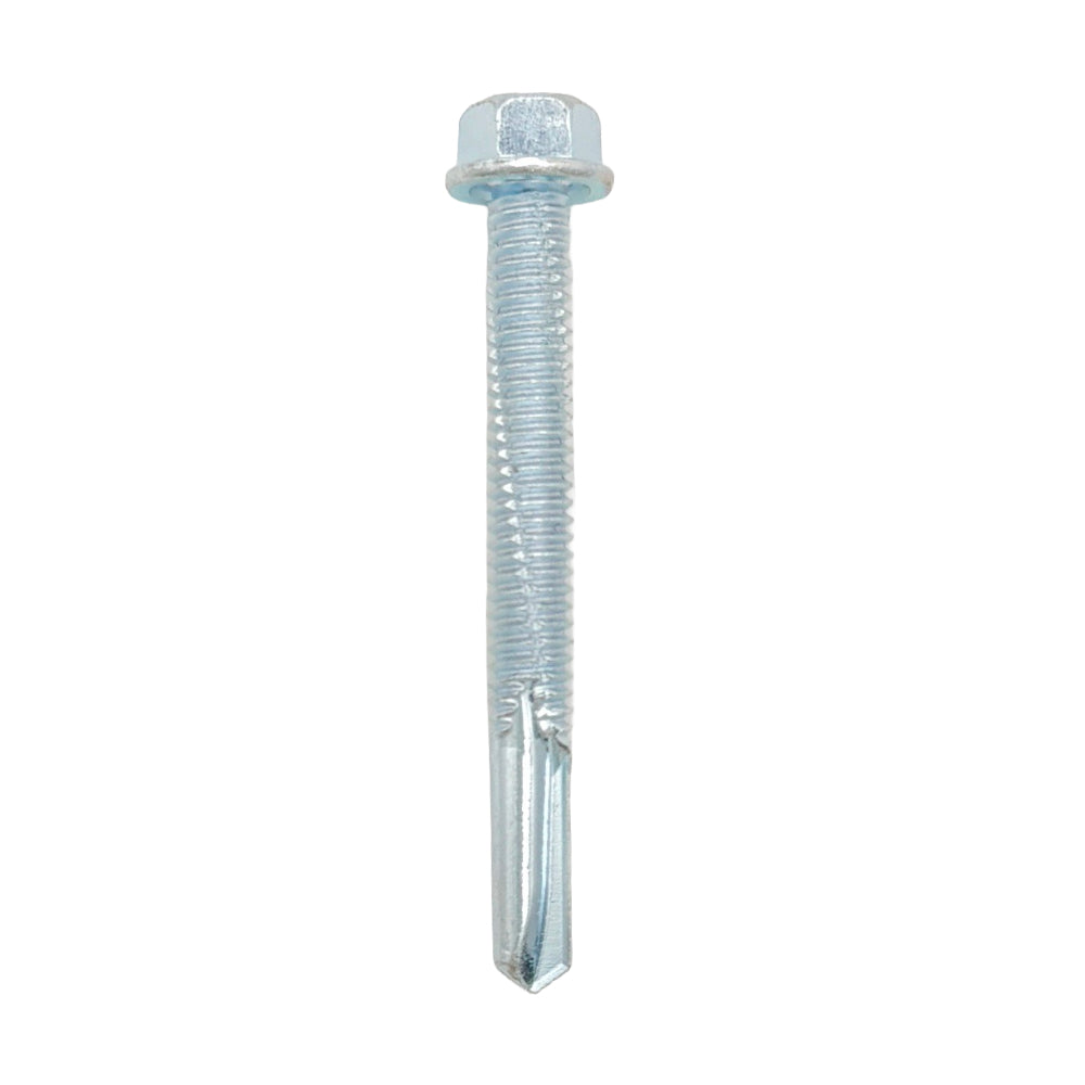 Heavy section self drilling tek screw in BZP, viewed side on.