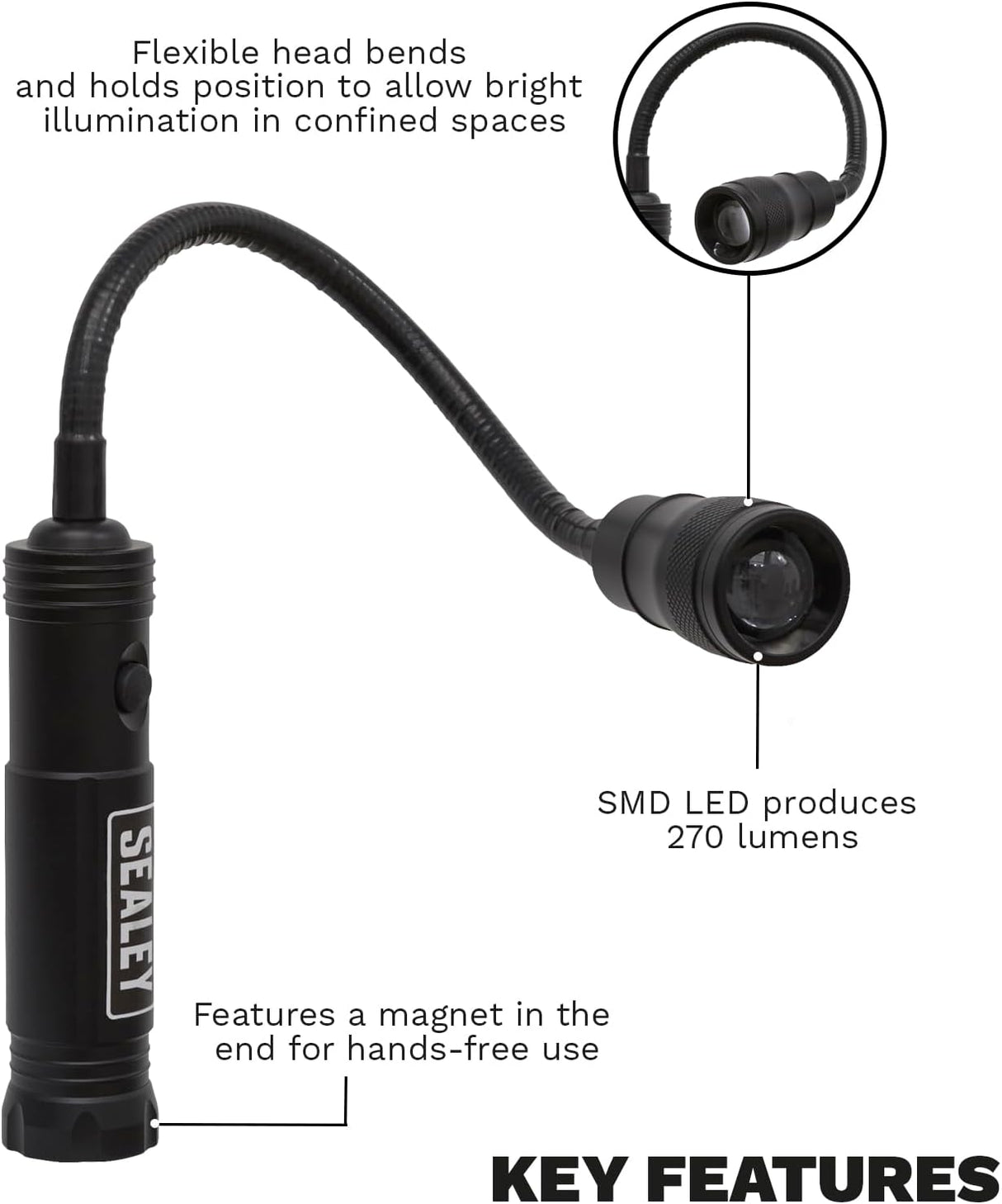 Sealey Aluminium Flexi-Head Light with Magnetic Base 270Lm LED | LED021