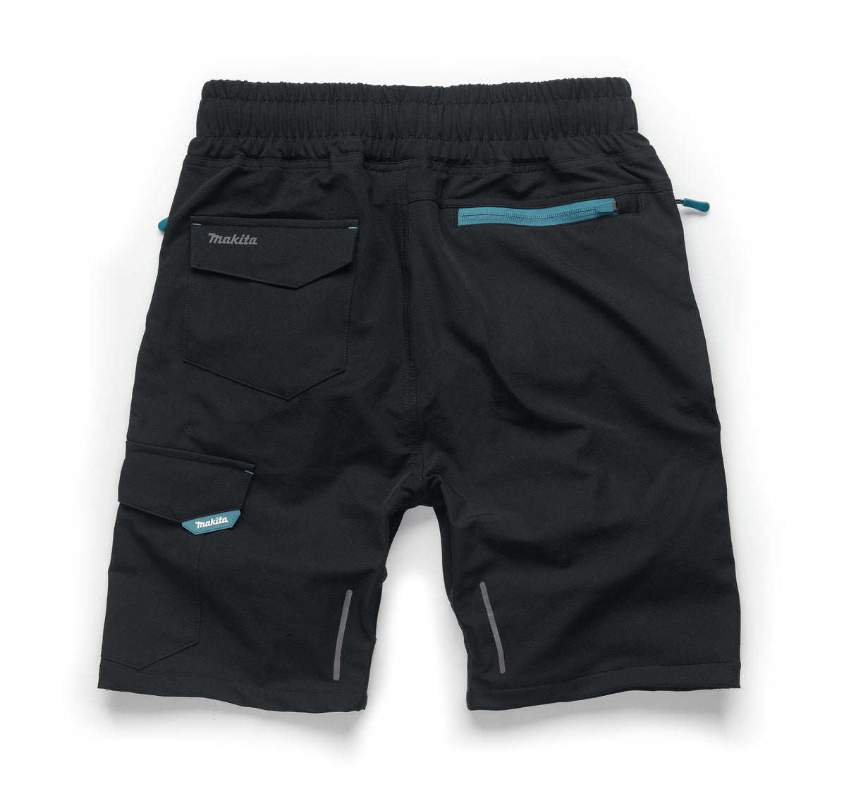Makita Axis Stretch Shorts in black with teal accents on a white background