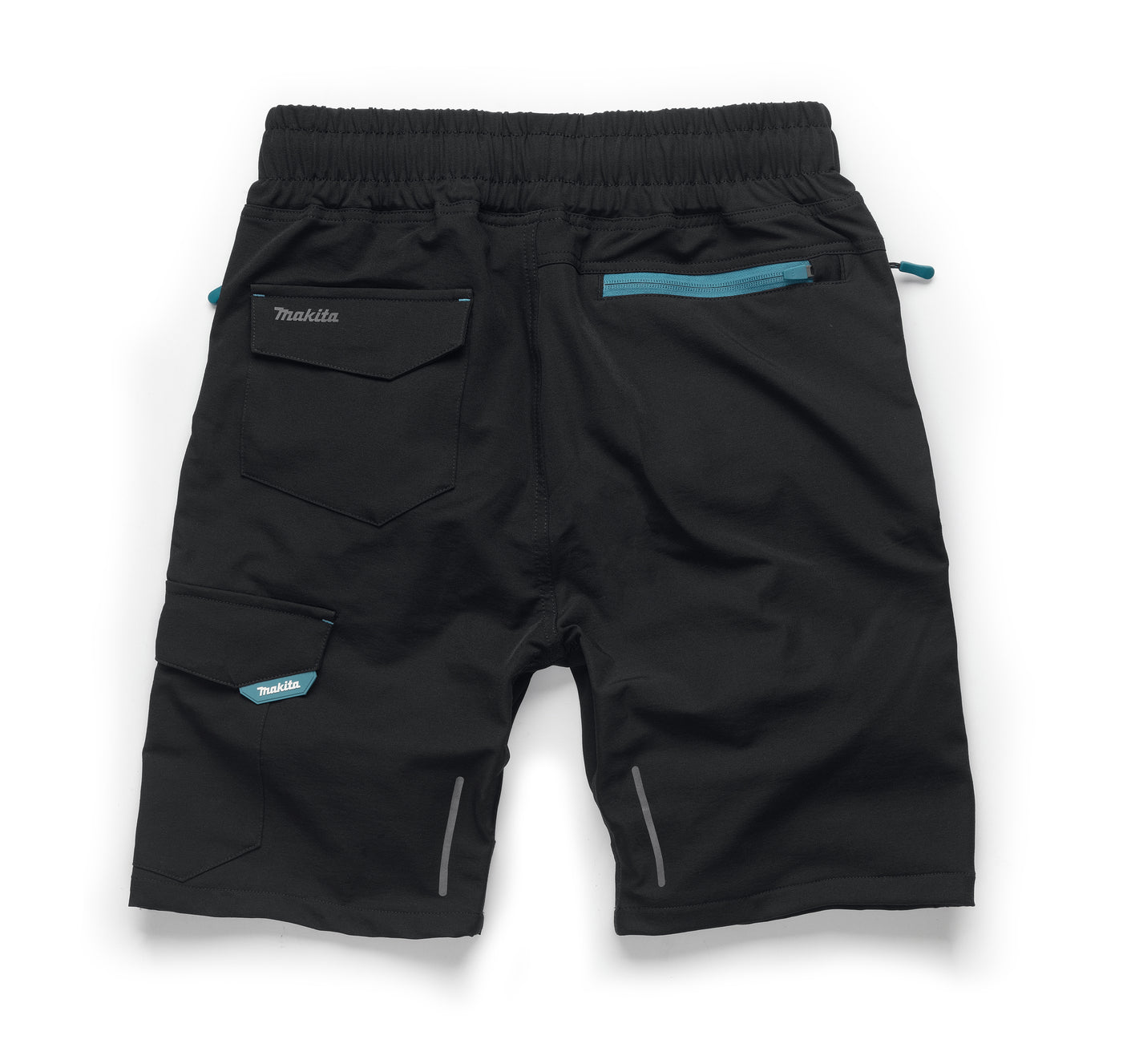 Makita Axis Stretch Shorts in black with teal accents on a white background