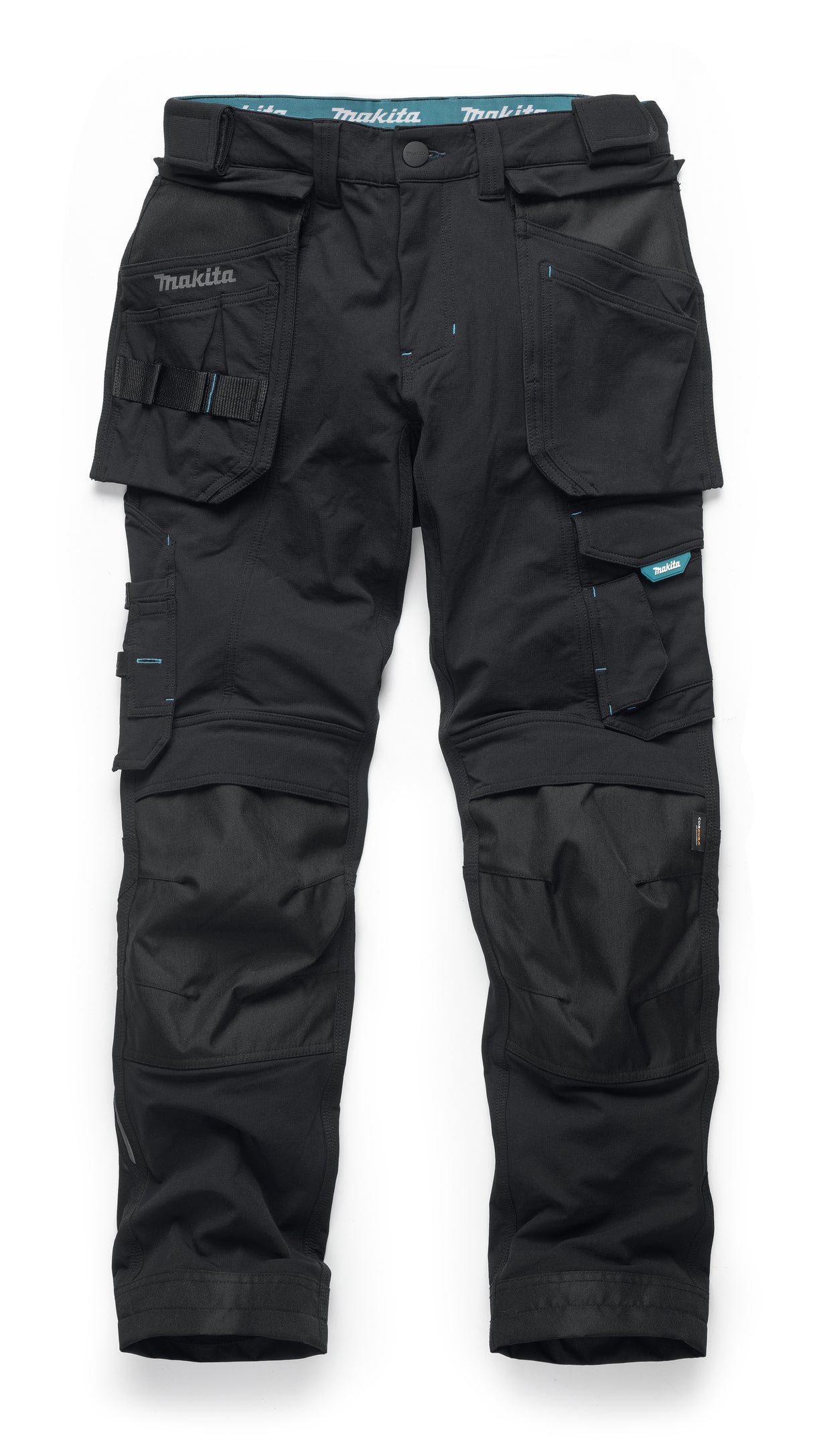 Makita Onyx stretch work trousers with multiple pockets on a white background