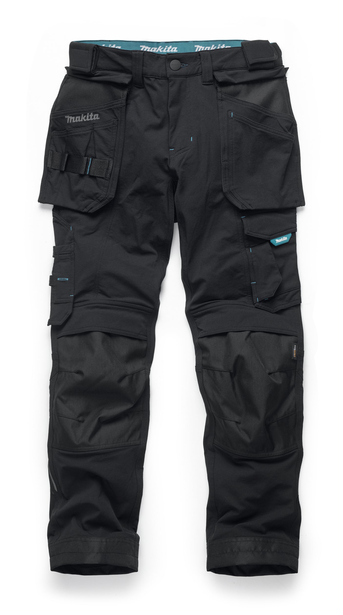 Makita Onyx stretch work trousers with multiple pockets on a white background