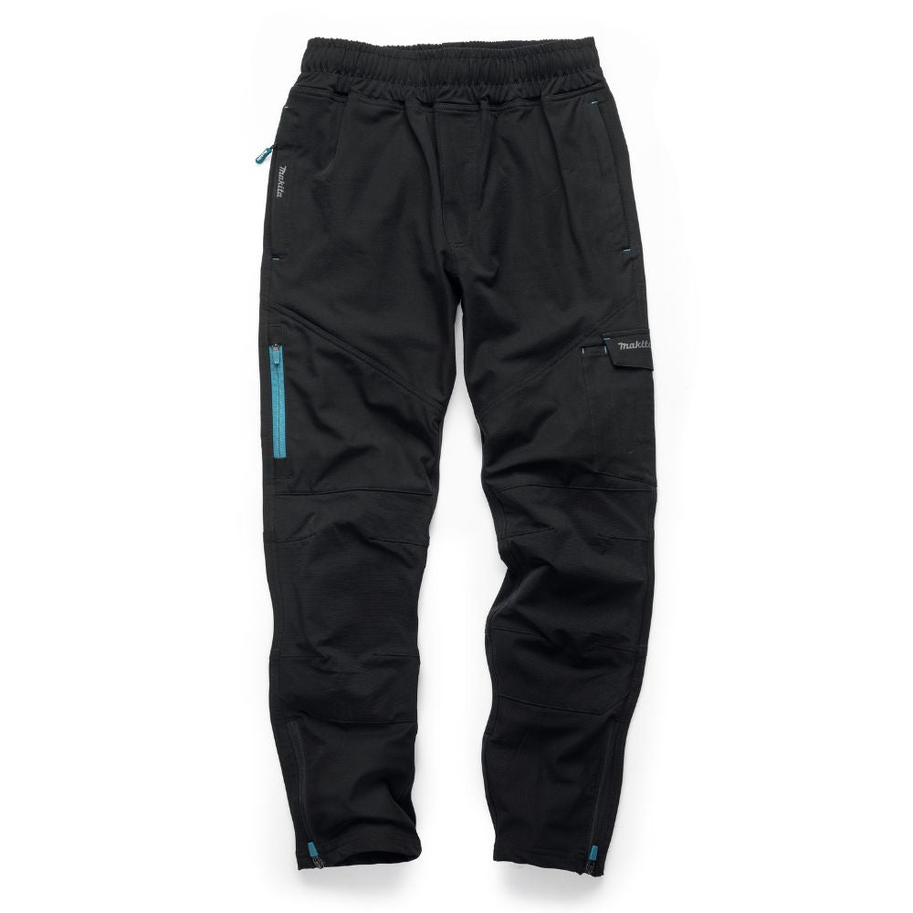 Makita Axis Stretch Jogger MK301M in black with a blue zipped pocket on a white background