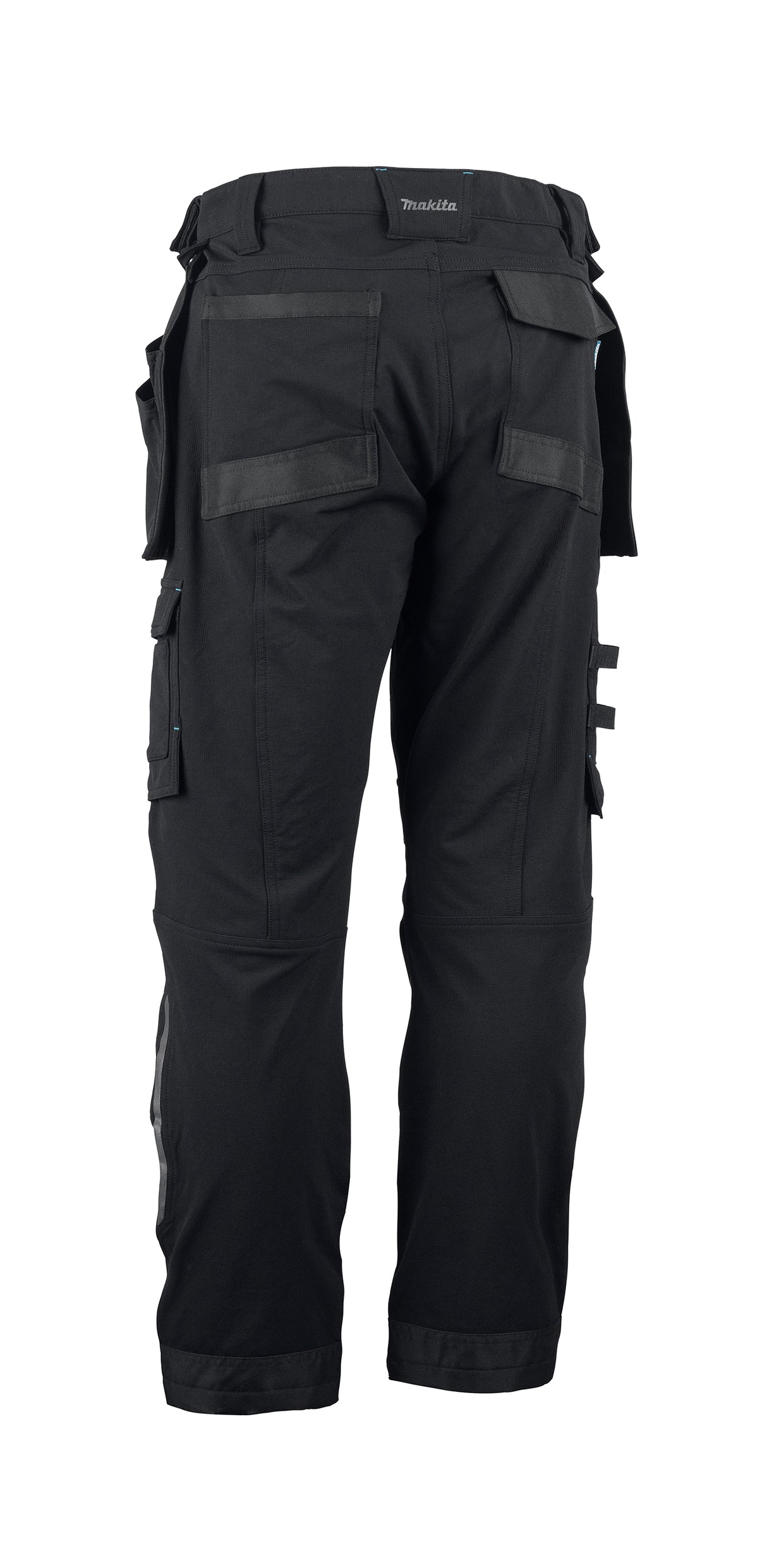 Black Makita Onyx 4 way stretch trousers with multiple pockets on a white background