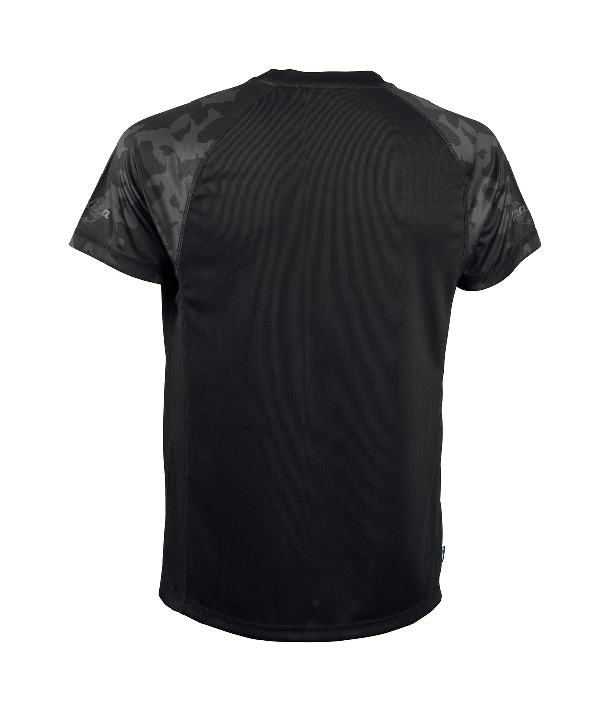 Black Makita Tech t-shirt with camouflage sleeves on a white background