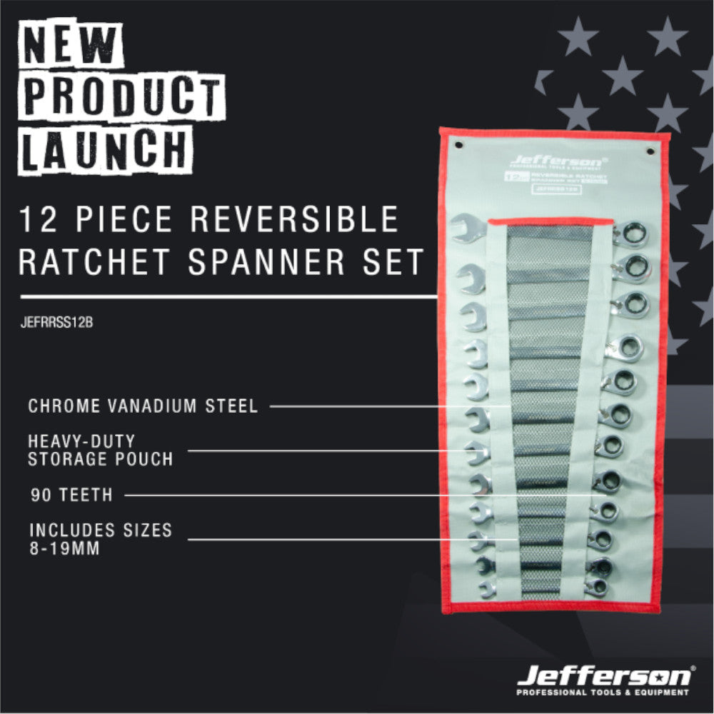 Jefferson 12 Piece Reversible Ratchet Spanner Set 8-19mm