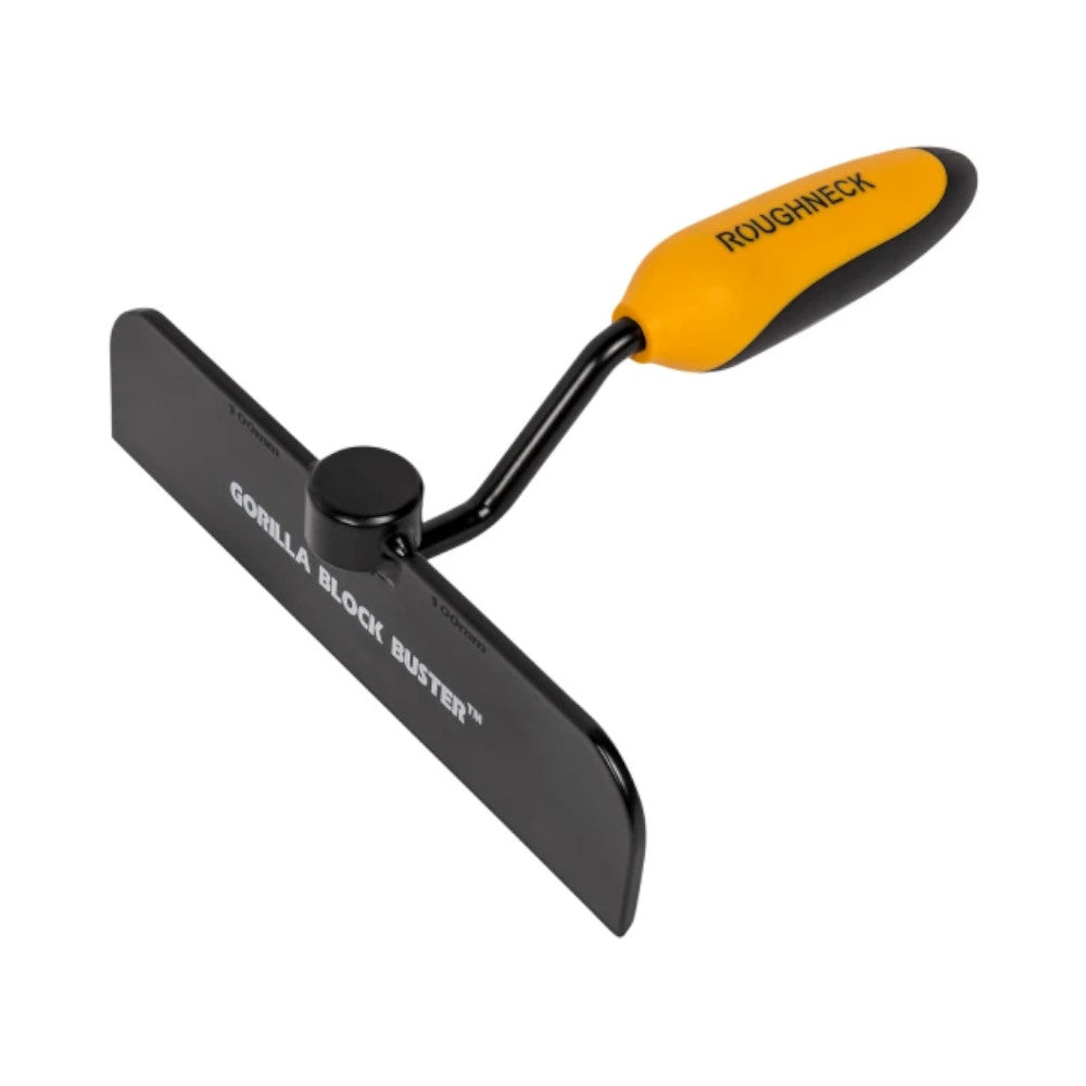 A black and yellow Roughneck Gorilla Block Buster Bolster, a hand tool for cutting blocks and bricks.