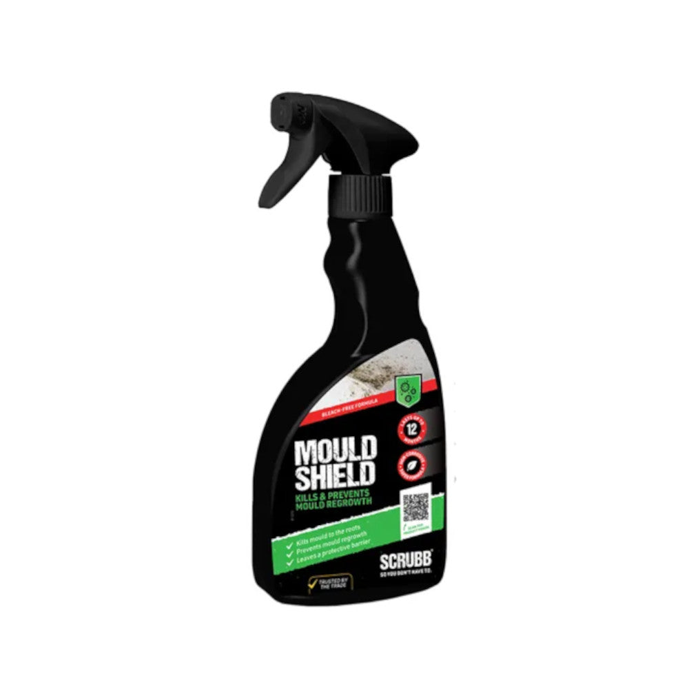 Scrubb mould shield spray bottle on a white background