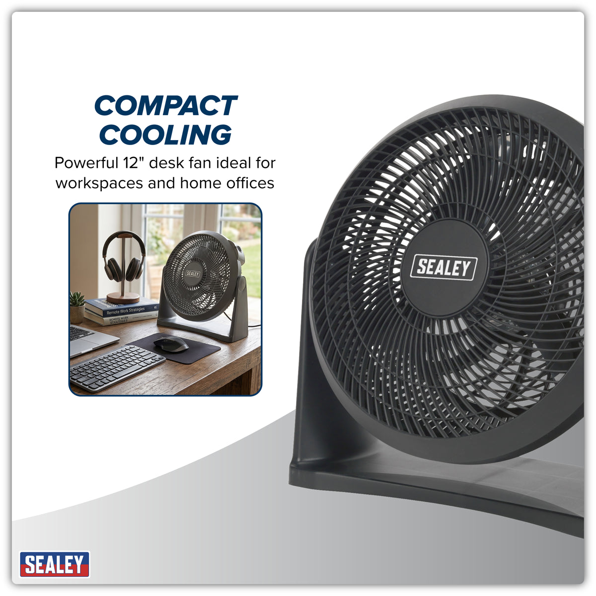 Sealey compact desk fan on a white background with text about its use in workspaces and home offices.