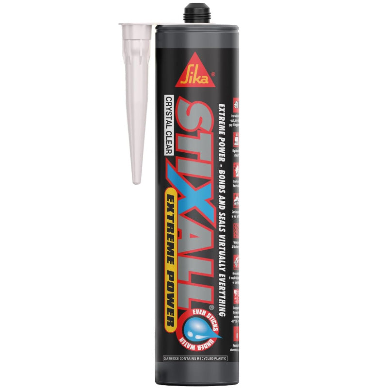 Sika Stixall Crystal Clear sealant cartridge on a white background