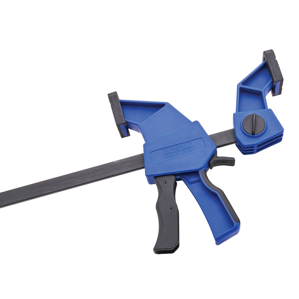 Blue and black Faithfull clamp on a white background