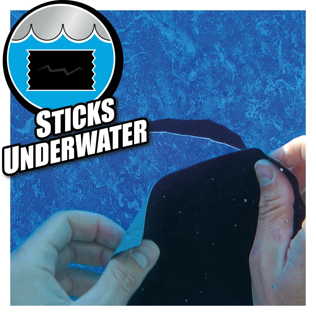 Person holding a section of Gorilla waterproof patch and seal tape with text 'Sticks Underwater' on a blue textured background
