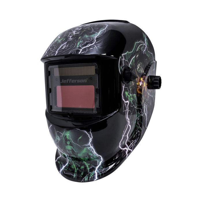 Welding helmet with lightning design on a white background