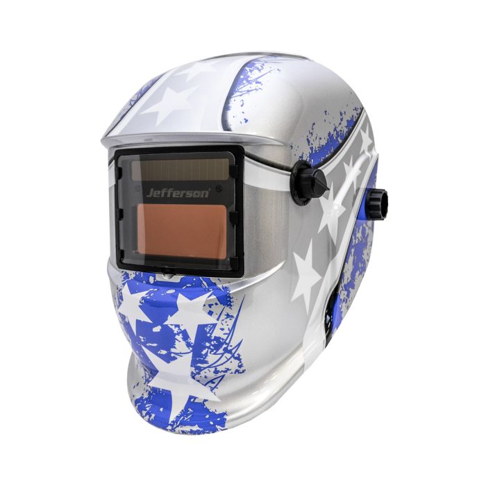 Welding helmet with star design on a white background