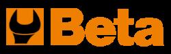 Beta tools logo in white, black and orange on a grey background