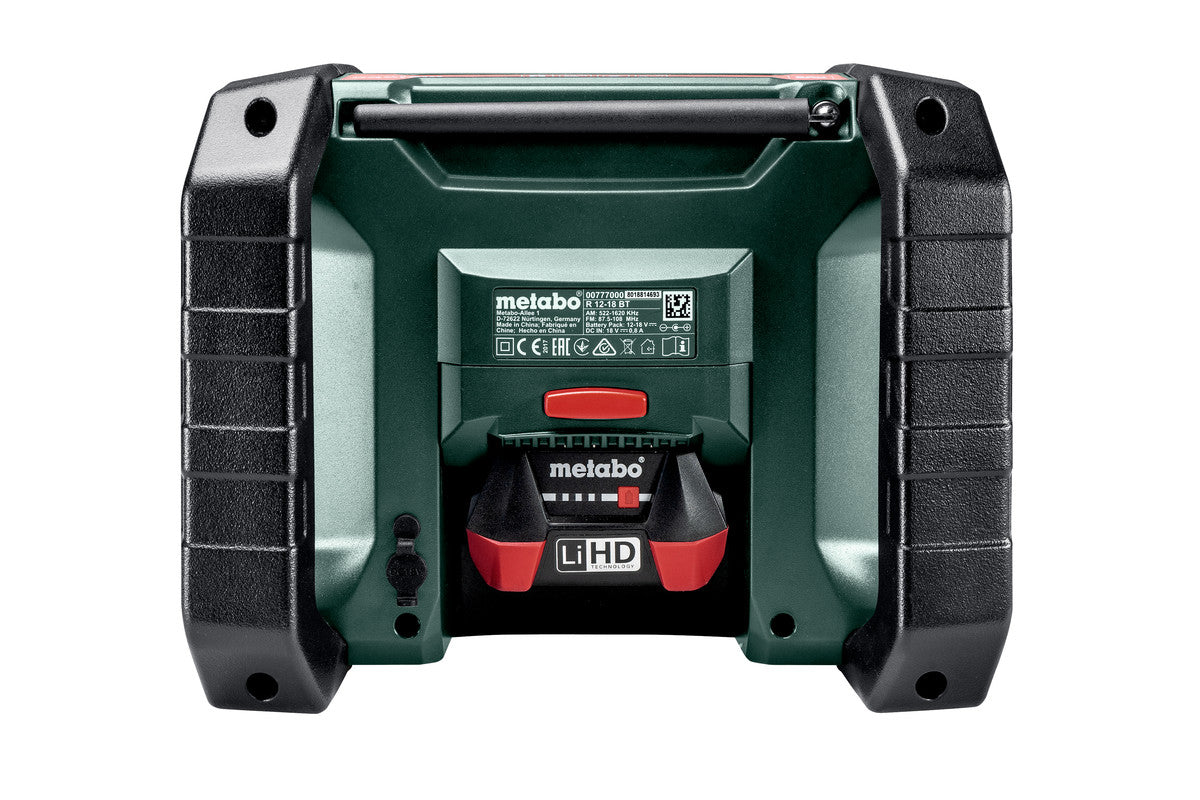 Metabo R 12-18 DAB+ BT (600778380) Cordless Worksite Radio pictured from the back showing a battery inserted. On a white background.
