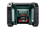 Metabo R 12-18 DAB+ BT (600778380) Cordless Worksite Radio pictured from the back showing a battery inserted. On a white background.