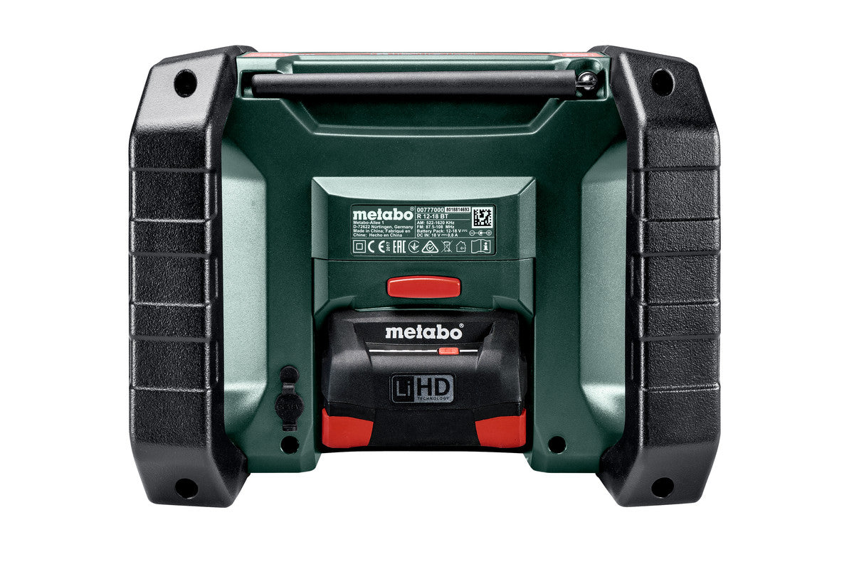 Metabo R 12-18 DAB+ BT (600778380) Cordless Worksite Radio pictured from the back showing a battery inserted. On a white background.