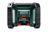 Metabo R 12-18 DAB+ BT (600778380) Cordless Worksite Radio pictured from the back showing a battery inserted. On a white background.