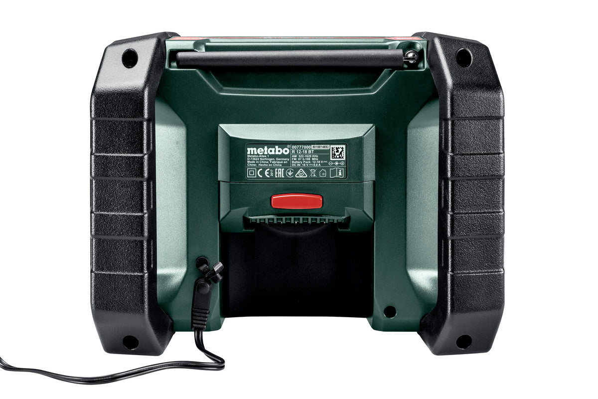 Metabo R 12-18 DAB+ BT (600778380) Cordless Worksite Radio pictured from the back showing the mains power connected. On a white background.