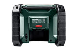 Metabo R 12-18 DAB+ BT (600778380) Cordless Worksite Radio pictured from the back with no battery inserted. On a white background.