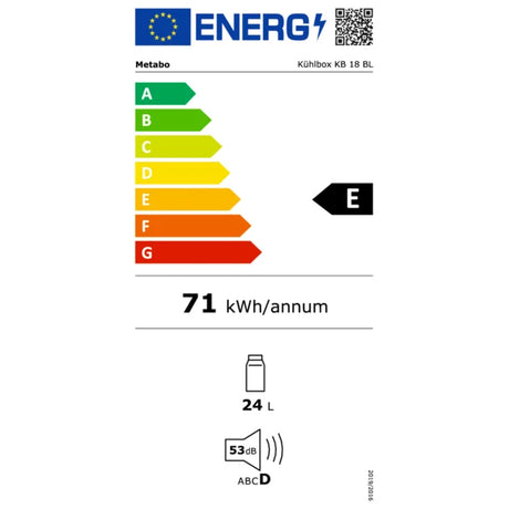 Energy label for product with color-coded rating system and energy consumption details.
