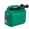 Draper 09052 plastic 5l jerry can in green for fuel storage, side on.