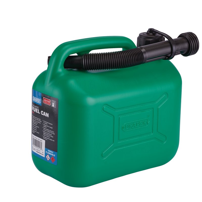 Draper 09052 plastic 5l jerry can in green for fuel storage, side on.