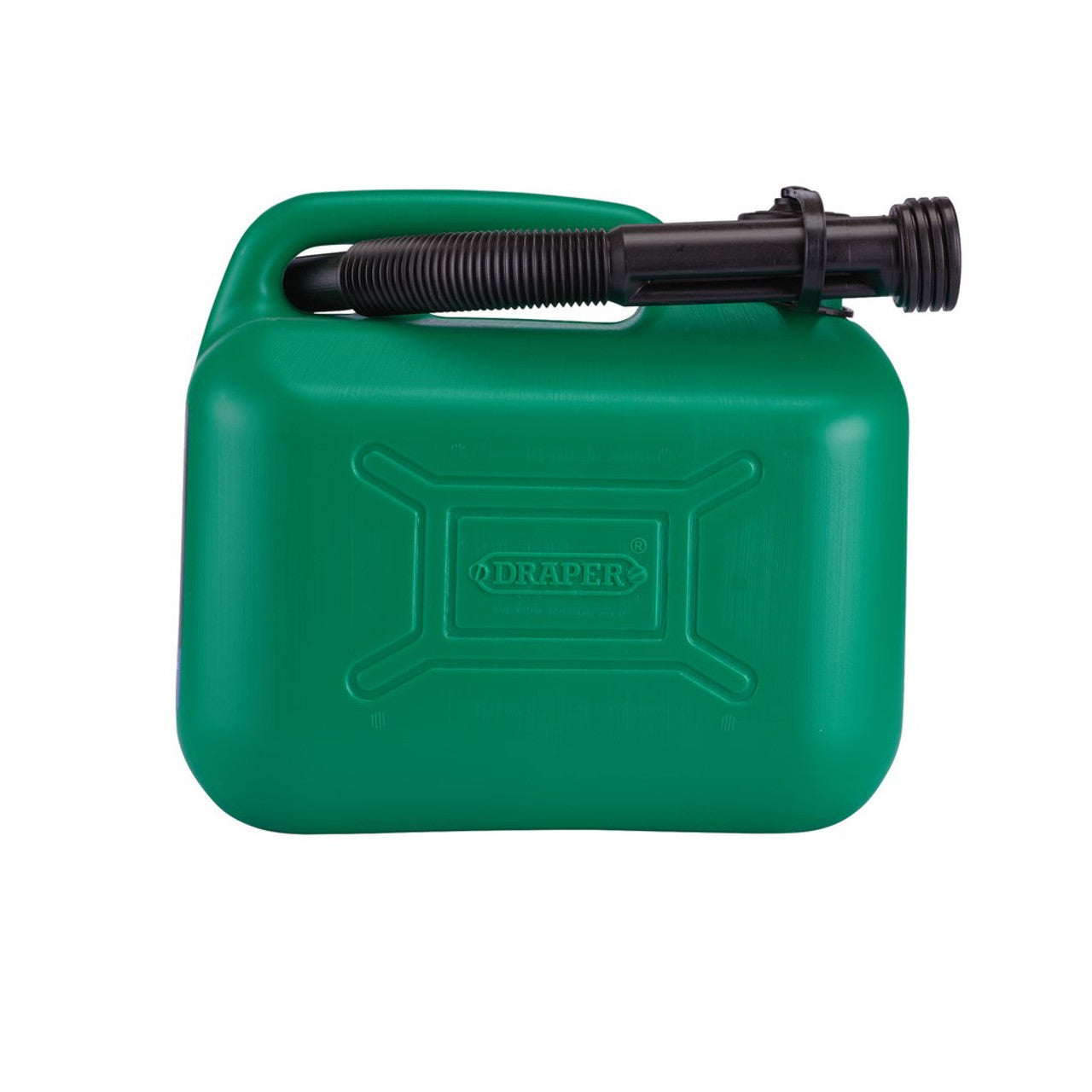 Draper 09052 plastic 5l jerry can in green for fuel storage, back view.