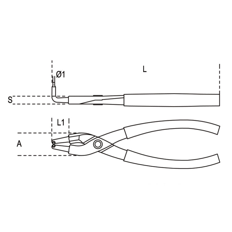 Technical drawing of a pair of pliers with labeled dimensions on a white background