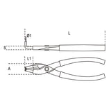 Technical drawing of a pair of pliers with labeled dimensions on a white background