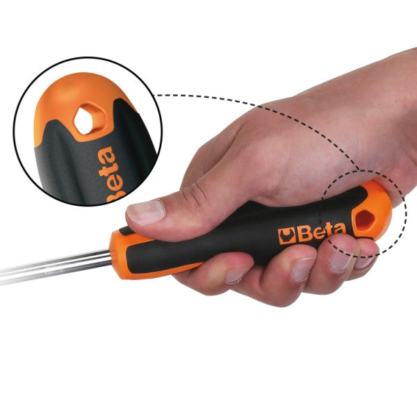 Hand holding a screwdriver with orange and black handle, close-up of handle shown.