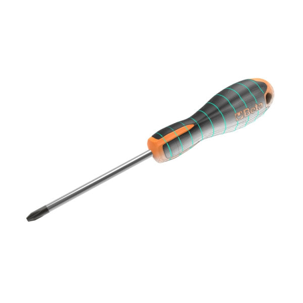 Screwdriver with black and orange handle on a white background