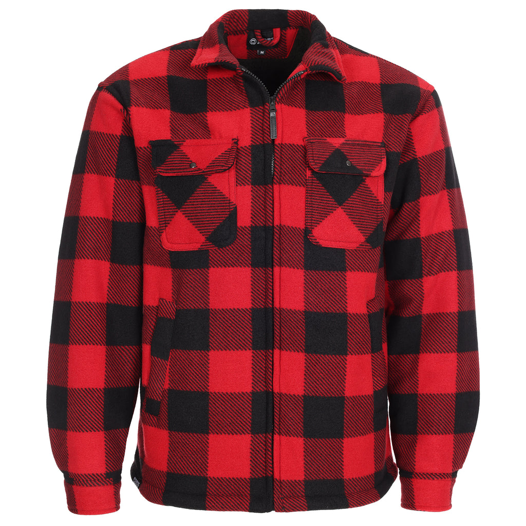 A red and black checkered 126 Portman shacket with a fort workwear label, with a collar, long sleeves, and front pockets.